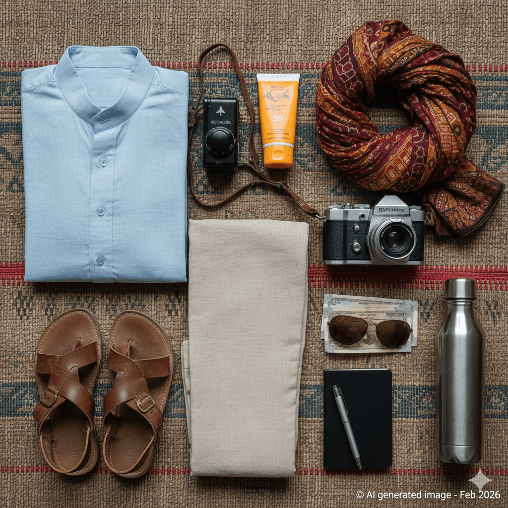 AI generated image of a packing checklist and essentials for a trip to Tonk, Rajasthan Places to visit in Tonk